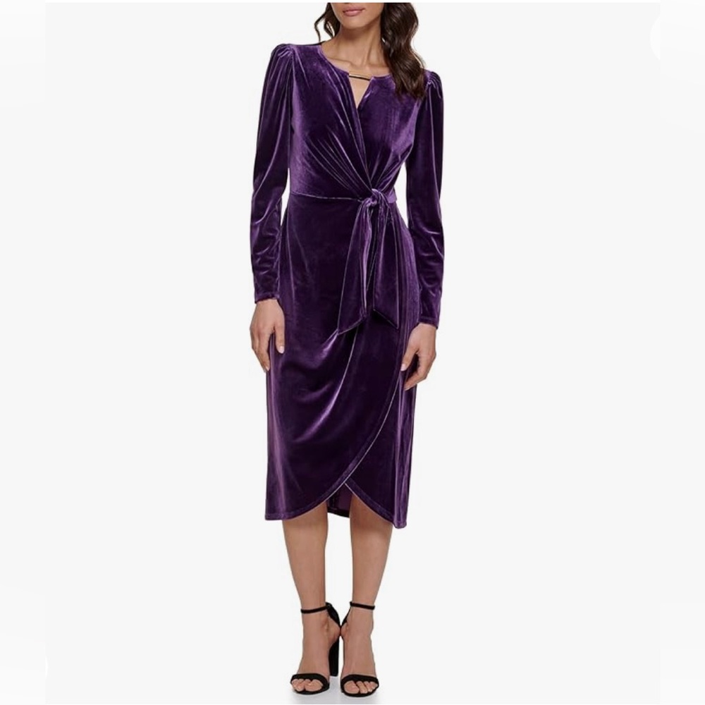 Kensie 4  Women's Midi Long Sleeve V-Neck Sheath Dress Stretch Velvet like